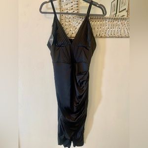 ZAFUL Silky Black Dress with Deep-V neckline and corset-like top- size Large